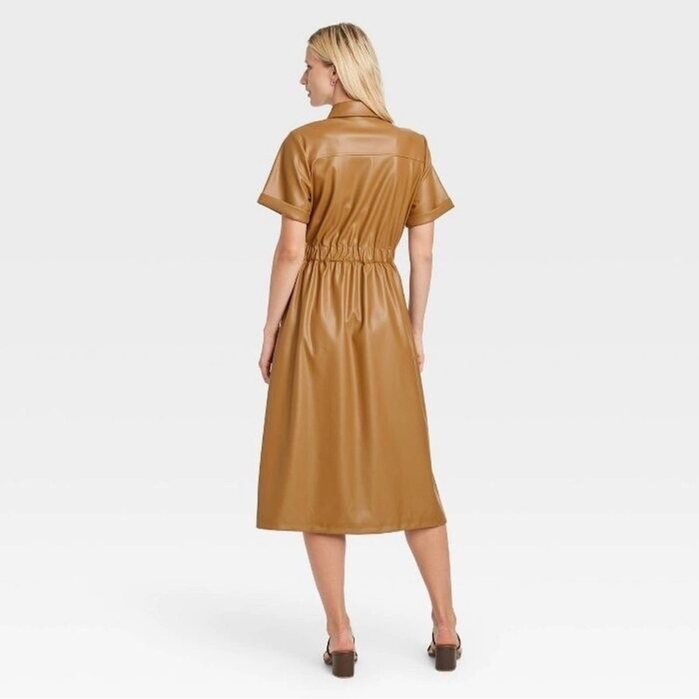 Who What Wear Brown Button-Down Faux Leather  Midi Dress, Size: Medium - Picture 2 of 4